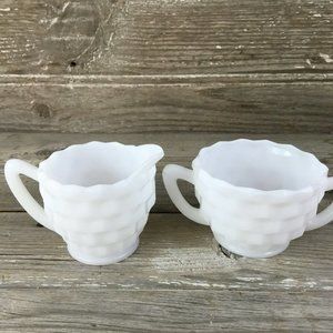 Hazel Atlas Cubed Cream and Sugar, Milk Glass Cream and Sugar, Cubist Pattern, V